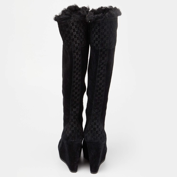 GUCCI Black Suede Courtney Microguccissima Logo Wedge Knee High Boots 37.5 - Picture 4 of 11
